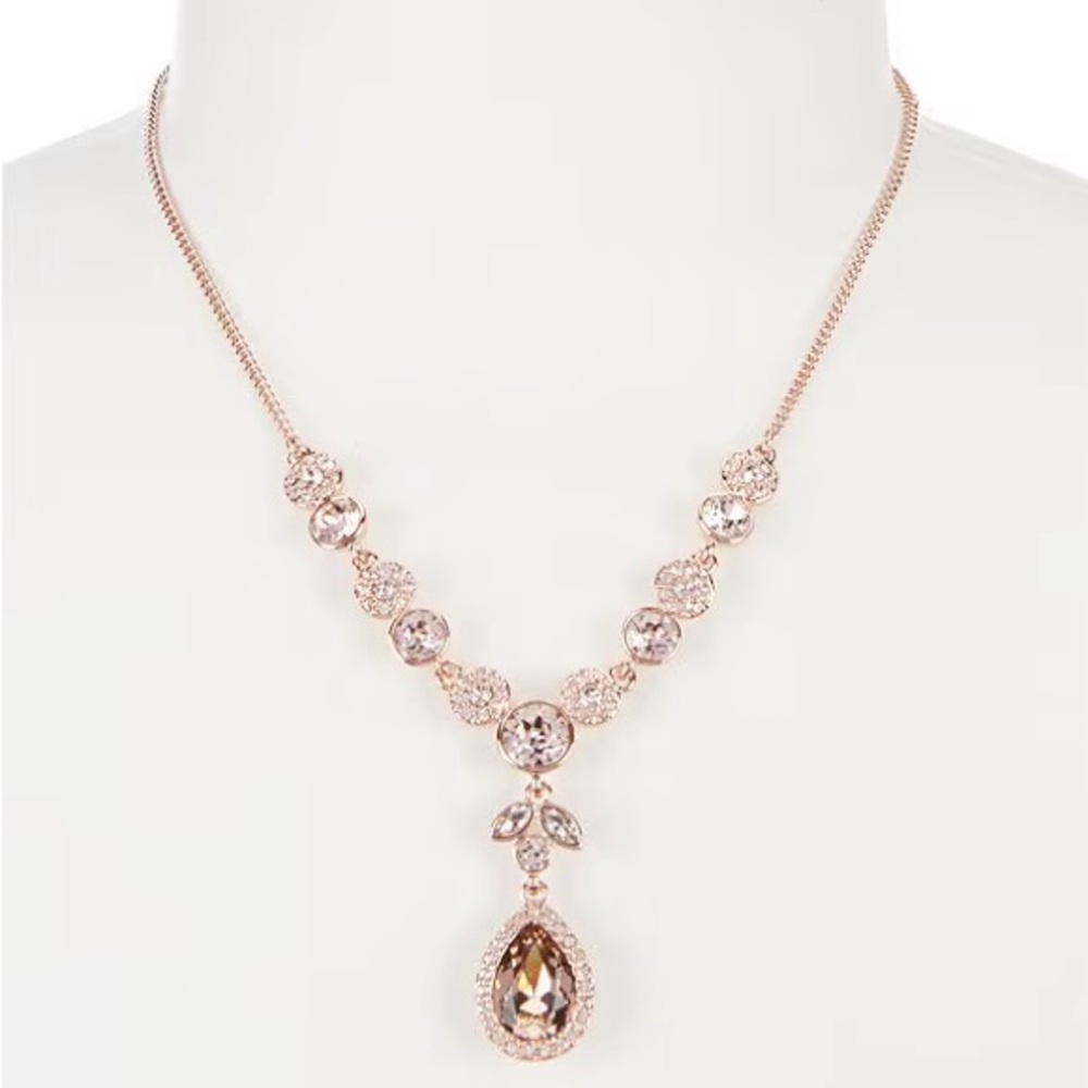 Givenchy Crystal Rose Gold Pear Y-Necklace Sparkly Bling Pave Multi Crystals